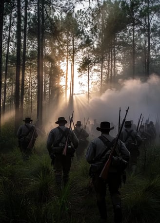Dense pine forests of Georgia at dawn, 1817, U.S. soldiers in early 19th-century military uniforms