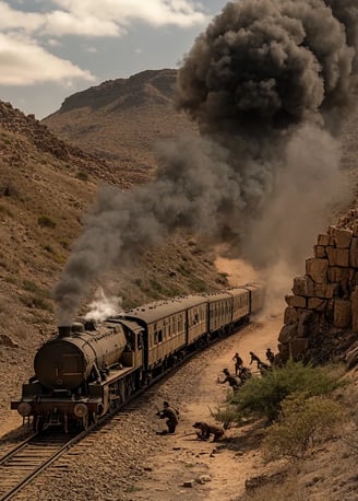 dusty railway in Natal province, armored British train winding through sun-scorched hills