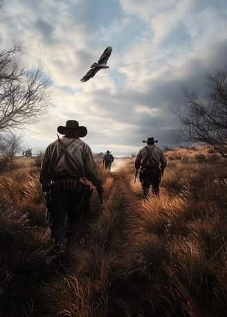 Dusty wagon trail through Oklahoma territory, 1873, James Reed and two masked accomplices crouched