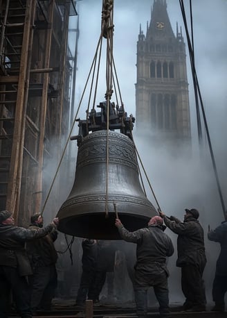 early morning, 1856, massive bronze bell suspended by thick ropes over a scaffold