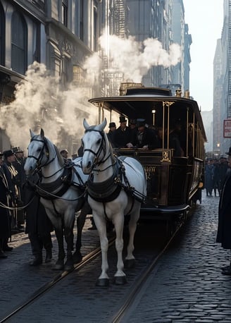 early morning 4th Avenue, New York City, crowds gathering excitedly around a gleaming new streetcar