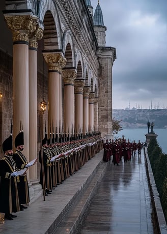 early morning in Istanbul, rows of Ottoman guards in ceremonial dress lining the steps of Dolmabahçe
