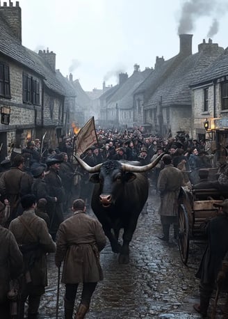 early Victorian era, crowded cobbled streets of Stamford, England, roaring bull charging