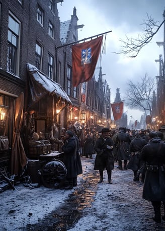 early winter morning in 1813 Amsterdam, narrow canal streets crowded with working-class Dutch citize
