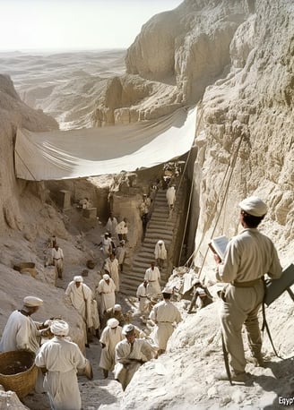 workers in white linen robes clear dust from a newly discovered stairway