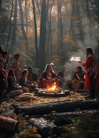 forested river clearing, 1764, Native leaders gathered near a fire circle, Chief Pontiac seated