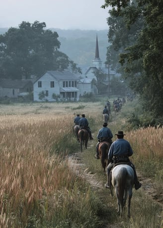 Gettysburg: Union cavalry in sky-blue frock coats and kepis cautiously ride past golden wheat fields