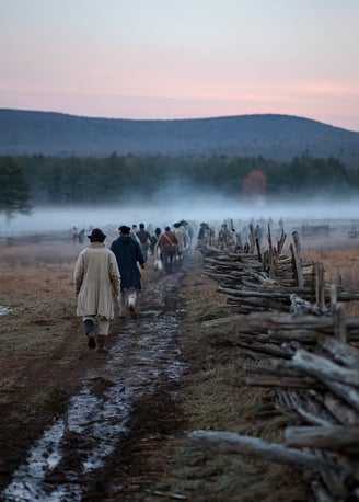 Soft dawn mist over dense pine forest reveals Fort Necessity’s hastily erected log palisades