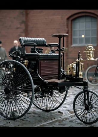 three-wheeled Patent-Motorwagen parked before a red-brick workshop