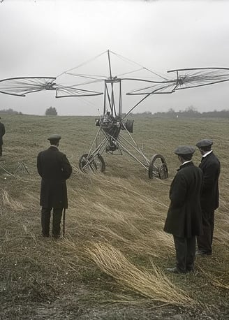 windswept French countryside near Lisieux, 1907, Paul Cornu beside his twin-rotor helicopter
