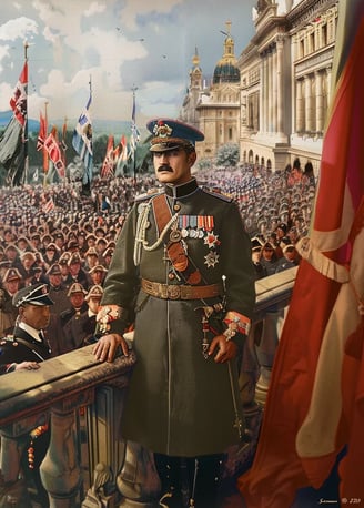 King Alexander I addressing a large crowd from a grand balcony after proclaiming the Kingdom of Yugo