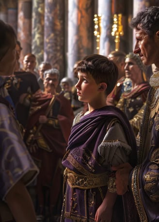 young Valentinian III, clad in a miniature purple toga, is presented before Roman senators