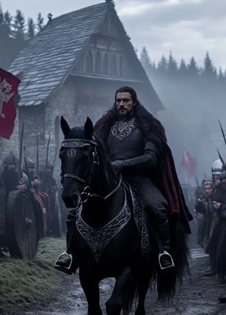 Vlad III’s black destrier emerges from dense pine forests onto frost-hardened
