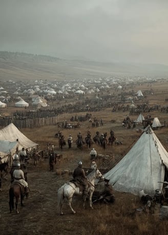 Batu Khan’s Mongol horde pitches black felt yurts and canvas tents beyond a wooden palisade