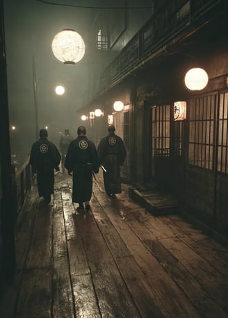 Shinsengumi—dressed in dark indigo haori jackets emblazoned with white chrysanthemum crests