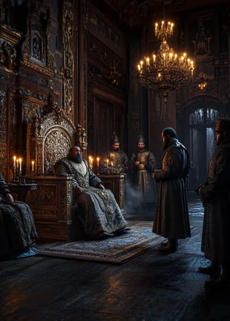 late 16th-century Russian palace interior, heavy tapestries and dark wood paneling, Tsar Ivan IV sea