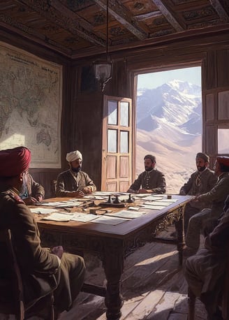 British and Afghan negotiators inside a colonial outpost near the Hindu Kush