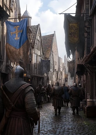 Medieval Utrecht street scene with rival factions preparing for conflict