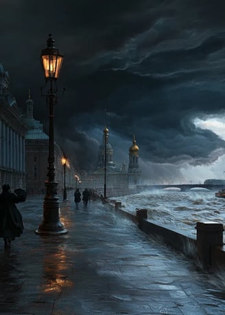 Late afternoon, November 1824, dark storm clouds swirling ominously above St. Petersburg