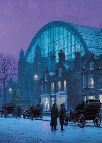 dusk sky over Sydenham Hill: the vast glass-and-iron span of Crystal Palace glows