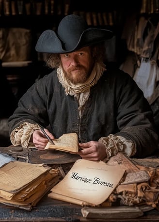 "Marriage Bureau." Inside, Henry Robinson, dressed in modest 17th-century attire, sits at a wooden d