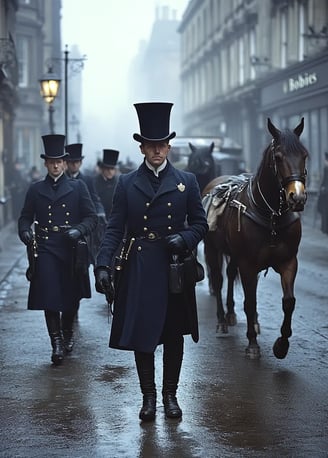 The First Policemen on Patrol on the bustling streets of London in 1829