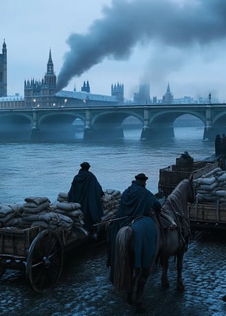 Londoners observe early frost on River Thames, boats, carts, chimneys.