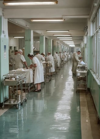 nurses in starched white caps and powder-blue uniforms set out metal trolleys