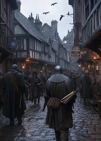 medieval London street, 1278, dusk light filtering through timber-framed buildings