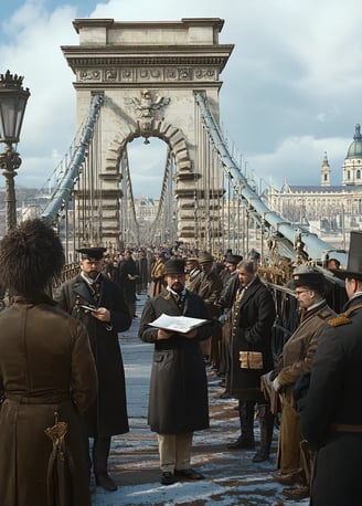 midday over the Chain Bridge connecting Buda and Pest, 19th-century Hungarian officials in formal