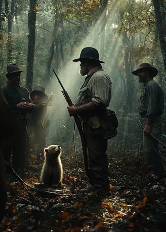 Mississippi wilderness, Theodore Roosevelt standing beside a small bear cub tied