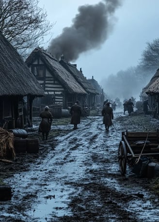 misty November morning in a small English village, timber-framed huts with thatched roofs