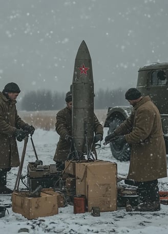 Engineers prepare Soviet rocket on snowy Moscow field in 1933.
