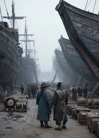 Nanjing Shipyard, China, July 11 1405: Armada Assembly at dawn.