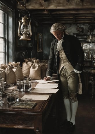 Financier in dark wool frock coat, white linen cravat, knee breeches consulting brass-bound ledger.