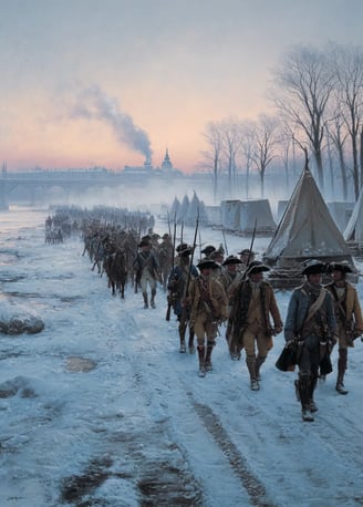 dawn light struggling through a fierce snowstorm as King Charles XII’s 8,000 Swedish soldiers