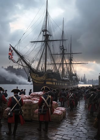 British troops prepare to leave New York City harbor in 1783.