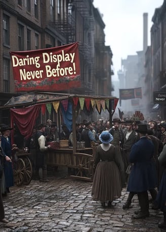 Crowd gathers in NYC 1817 for street carnival and stage show.