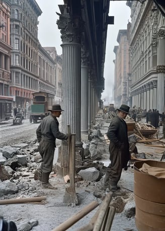 mid-November 1910 Manhattan, stonemasons polish marble-faced columns