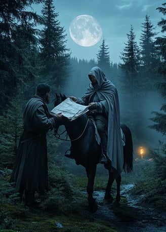 Charles XII prepares to escape Ottoman exile by horseback under moonlit forest