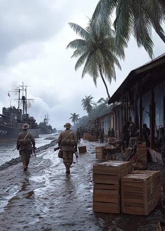 Overcast afternoon, 1909, Nicaraguan port city coastline, U.S. Navy gunboats anchored offshore