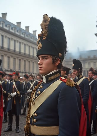 Napoleon Bonaparte, a 16-year-old cadet, standing in the courtyard of the prestigious École Militair