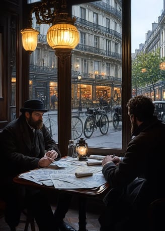 Parisian café interior, 1902, journalist Geo Lefevre and Henri Desgrange seated at a small table