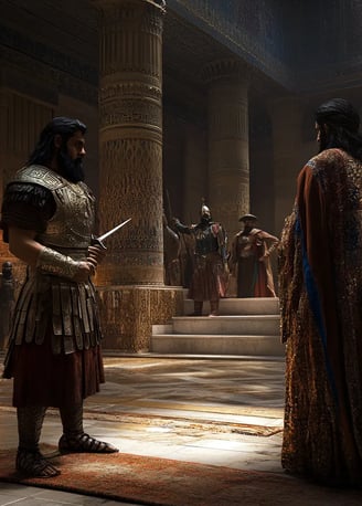the grand halls of a Persian palace, where Darius I confronts the Magian usurper Gaumâta