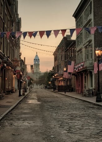 Early dawn on Market Street: carpenters erect a wooden bandstand draped in crimson and blue bunting