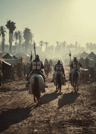 King Louis IX in chainmail hauberk and fleur-de-lis surcoat confers with Templar knights