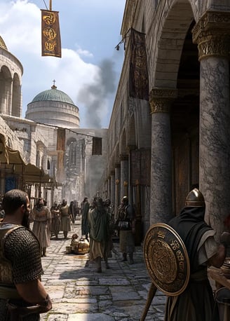 380 Constantinople street preparations for Emperor Theodosius' adventus, Roman crowds, Chi Rho banne