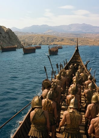 narrow waters of the Salamis Strait, with the Greek triremes, their sharp bronze rams glinting in th