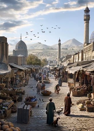 Shamakhi 1667 morning market before earthquake with mosques and merchants.