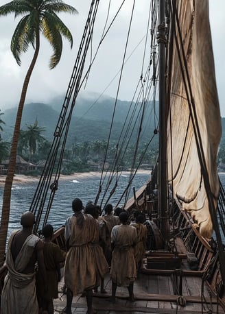 Ship approaches Sierra Leone coast with Amistad survivors in 1841.